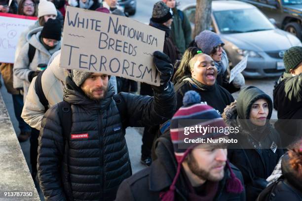 Demonstrators gather at the University of Chicago to protest a forthcoming speaking engagement at the university from Steve Bannon, former chief...