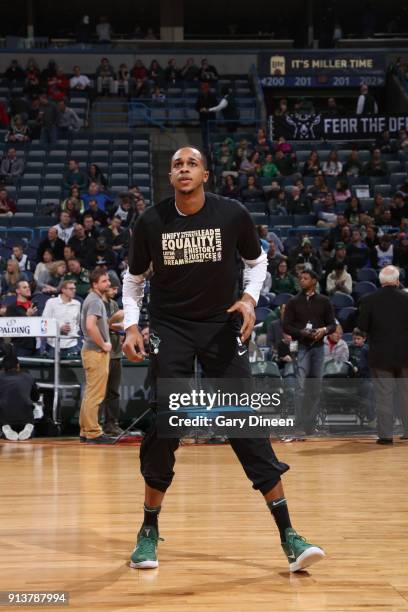 Milwaukee, WI John Henson of the Milwaukee Bucks warms up prior to the game against the New York Knicks on February 2, 2018 at the BMO Harris Bradley...