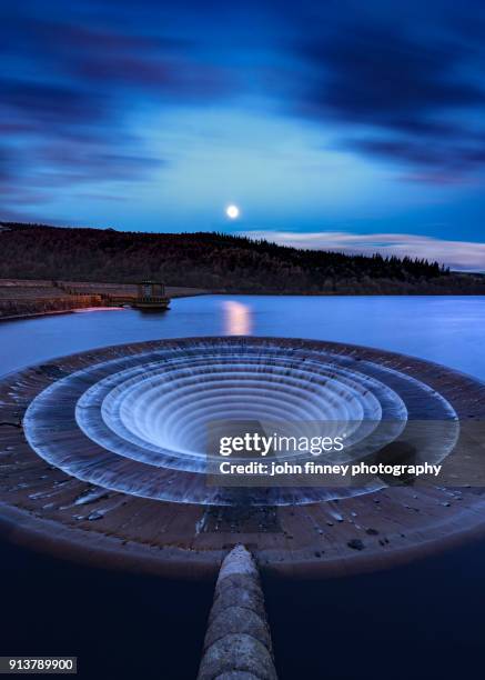 blue supermoon at dawn over ladybower reservoir. english peak district. uk. - derwent stausee stock-fotos und bilder