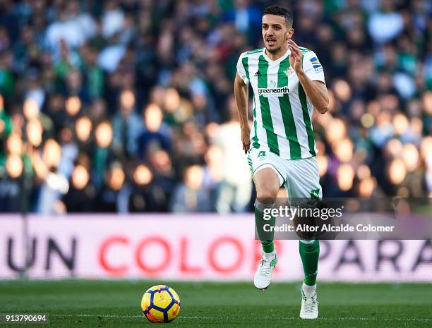 Zouhair Feddal of Real Betis Balompie in action during the La Liga match between Real Betis and Villarreal at Estadio Benito Villamarin on February...