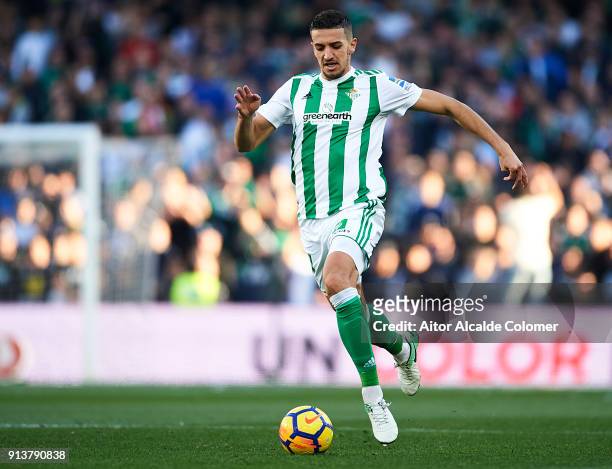 Zouhair Feddal of Real Betis Balompie in action during the La Liga match between Real Betis and Villarreal at Estadio Benito Villamarin on February...