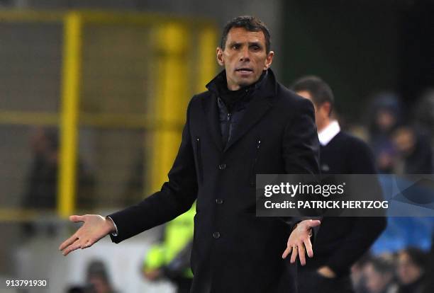 Bordeaux's Uruguayan head coach Gustavo Poyet reacts during the French L1 football match between Strasbourg and Bordeaux on February 3 at the Meinau...