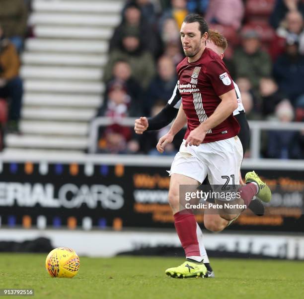 John-Joe O'Toole of Northampton Town moves forward with the ball during the Sky Bet League One match between Northampton Town and Rochdale at...