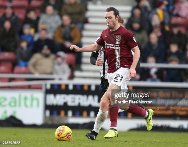 John-Joe O'Toole of Northampton Town moves forward with the ball during the Sky Bet League One match between Northampton Town and Rochdale at...