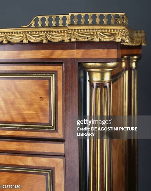 Commode in Louis XVI style, lemon and amaranth wood veneer, marble and bronze applications, lateral columns detail. France, 17th-18th century.