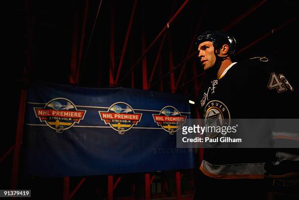 Mike Weaver of St. Louis Blues makes his way out onto the ice prior to the start of the 2009 Compuware NHL Premiere Stockholm match between St. Louis...