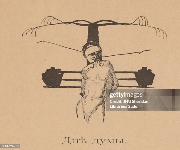 Cartoon from the Russian satirical journal Maski depicting a nude man blindfolded and tied to a cross-shaped object, with text reading 'Two Dumas'...