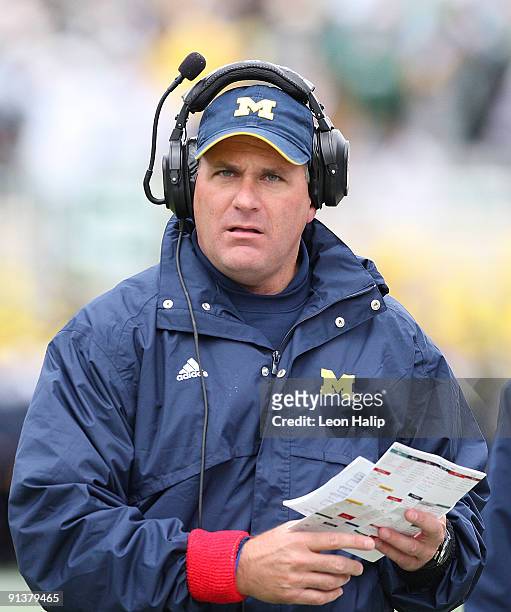 Michigan Wolverines head coach Rich Rodriguez during the game against the Michigan State Spartans at Spartan Stadium on October 3, 2009 in East...