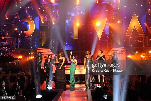 Miley Cyrus, Kelly Clarkson, Jordin Sparks, Paula Abdul, Jennifer Hudson, Adele and Leona Lewis on stage at Brooklyn Academy of Music on September...