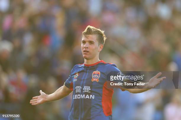 Riley McGree of the Jets celebrates a goal during the round 19 A-League match between the Newcastle Jets and the Melbourne Victory at McDonald Jones...