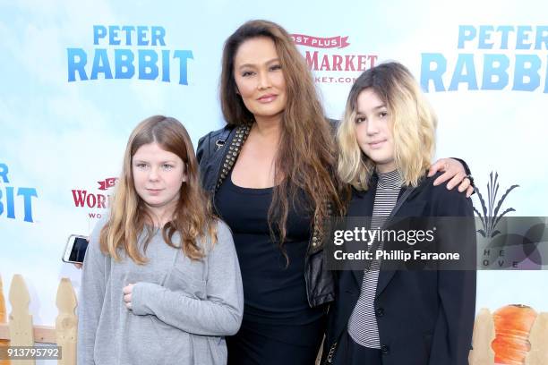 Actress Tia Carrere , Bianca Wakelin , and guest attend the premiere of 'Peter Rabbit,' sponsored by Cost Plus World Market, at The Grove on February...