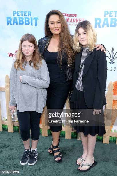 Actress Tia Carrere , Bianca Wakelin , and guest attend the premiere of 'Peter Rabbit,' sponsored by Cost Plus World Market, at The Grove on February...