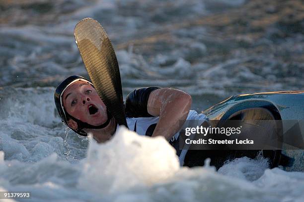 Alexander Dodge of the USA competes in the Men's Kayak K1 during the 2009 Charlotte Open at the US National Whitewater Center on October 3, 2009 in...