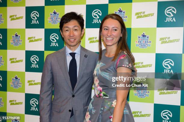 Yutaka Take and Katelyn Mallyon attend the World All-Star Jockeys welcome party on August 25, 2017 in Sapporo, Hokkaido, Japan.