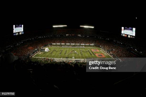 General view of the field as the band performs prior to the start of the game between the Miami Hurricanes and the Oklahoma Sooners on October 3,...