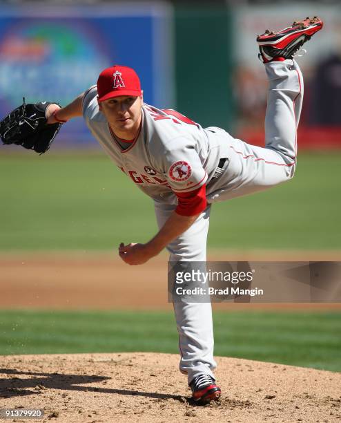 Scott Kazmir of the Los Angeles Angels of Anaheim pitches against the Oakland Athletics during the game at the Oakland-Alameda County Coliseum on...