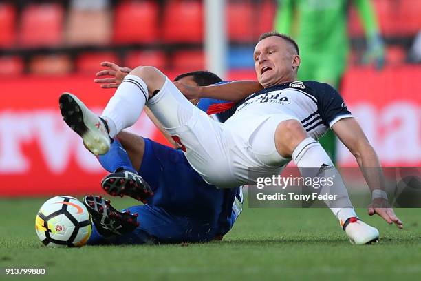 Besart Berisha of the Victory contests the ball during the round 19 A-League match between the Newcastle Jets and the Melbourne Victory at McDonald...