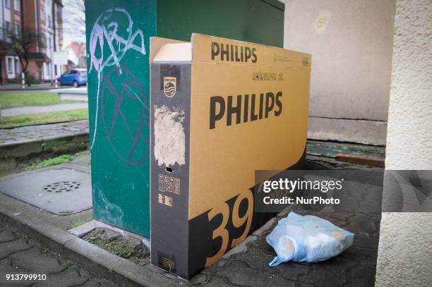 An empty Philips flatscreen TV box is seen at a trash disposal place in Bydgoszcz, Poland on February 3, 2018