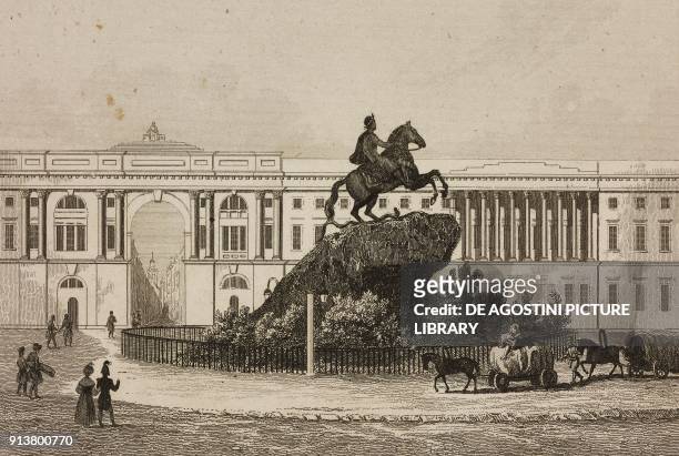 Bronze Horseman, equestrian statue of Peter the Great in the Senate Square, Saint Petersburg, Russia, engraving by Lemaitre, Vernier and Monnin from...