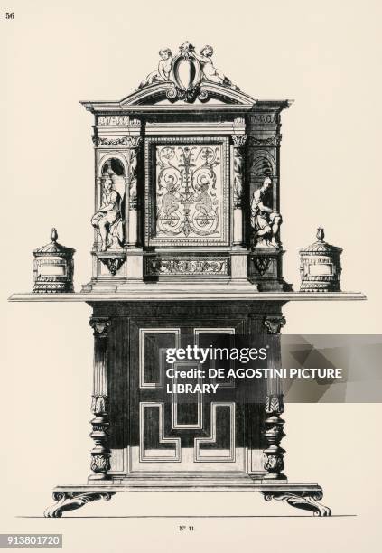 Inlaid dark wood furniture for smokers, engraving from the Guida per le Arti e Mestieri Italy, 19th century.