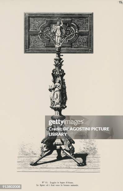 Ebony lectern with bronze figures and flowers, engraving from the Guida per le Arti e Mestieri Italy, 19th century.