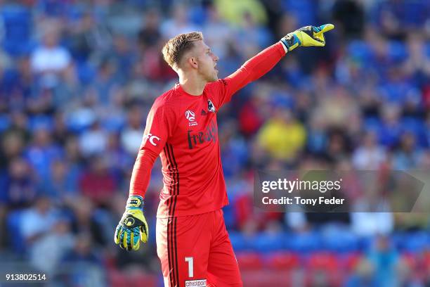 Matthew Acton of the Victory during the round 19 A-League match between the Newcastle Jets and the Melbourne Victory at McDonald Jones Stadium on...