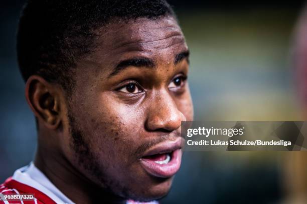 Ademola Lookman of Leipzig gives an interview in the flash zone after the Bundesliga match between Borussia Moenchengladbach and RB Leipzig at...