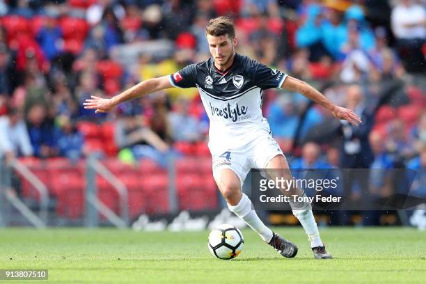 Terry Antonis of the Victory in action during the round 19 A-League match between the Newcastle Jets and the Melbourne Victory at McDonald Jones...