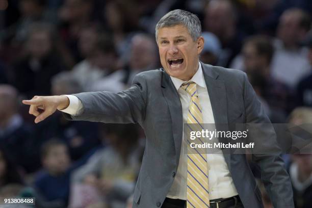 Head coach Dr. John Giannini of the La Salle Explorers yells out to his team against the Villanova Wildcats at the Wells Fargo Center on December 10,...