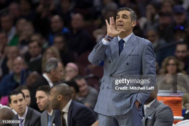 Head coach Jay Wright of the Villanova Wildcats yells out to his team against the La Salle Explorers at the Wells Fargo Center on December 10, 2017...
