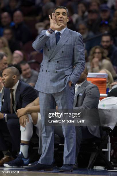 Head coach Jay Wright of the Villanova Wildcats yells out to his team against the La Salle Explorers at the Wells Fargo Center on December 10, 2017...