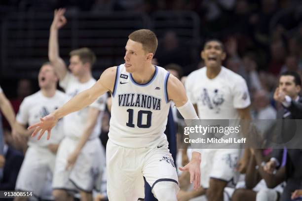 Donte DiVincenzo of the Villanova Wildcats reacts against the La Salle Explorers at the Wells Fargo Center on December 10, 2017 in Philadelphia,...