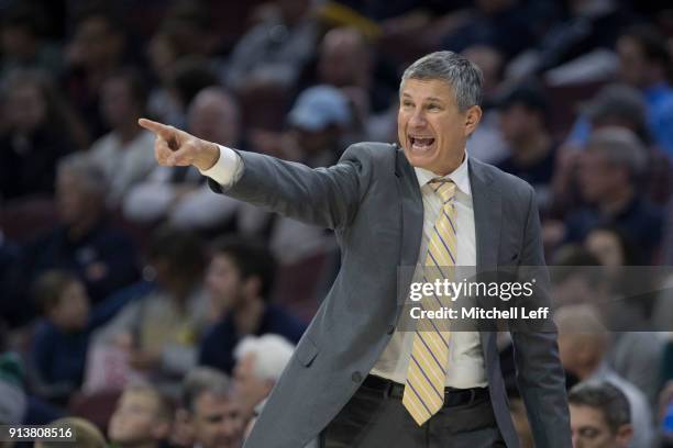 Head coach Dr. John Giannini of the La Salle Explorers yells out to his team against the Villanova Wildcats at the Wells Fargo Center on December 10,...