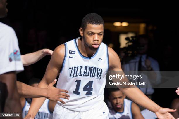 Omari Spellman of the Villanova Wildcats is introduced prior to the game against the La Salle Explorers at the Wells Fargo Center on December 10,...