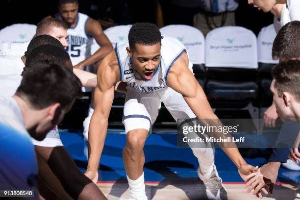 Phil Booth of the Villanova Wildcats is introduced prior to the game against the La Salle Explorers at the Wells Fargo Center on December 10, 2017 in...