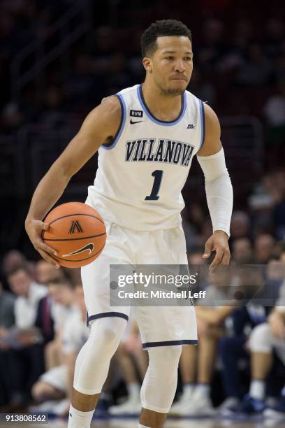 Jalen Brunson of the Villanova Wildcats dribbles the ball against the La Salle Explorers at the Wells Fargo Center on December 10, 2017 in...