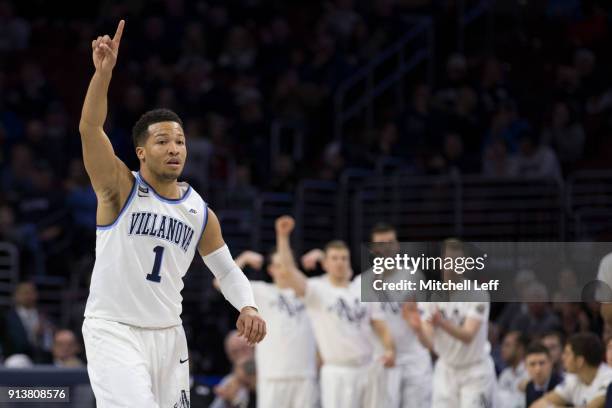 Jalen Brunson of the Villanova Wildcats reacts against the La Salle Explorers at the Wells Fargo Center on December 10, 2017 in Philadelphia,...