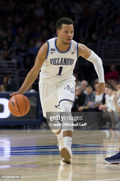 Jalen Brunson of the Villanova Wildcats drives to the basket against the La Salle Explorers at the Wells Fargo Center on December 10, 2017 in...