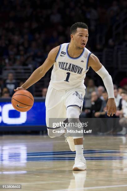 Jalen Brunson of the Villanova Wildcats drives to the basket against the La Salle Explorers at the Wells Fargo Center on December 10, 2017 in...