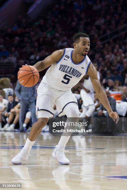 Phil Booth of the Villanova Wildcats drives to the basket against the La Salle Explorers at the Wells Fargo Center on December 10, 2017 in...