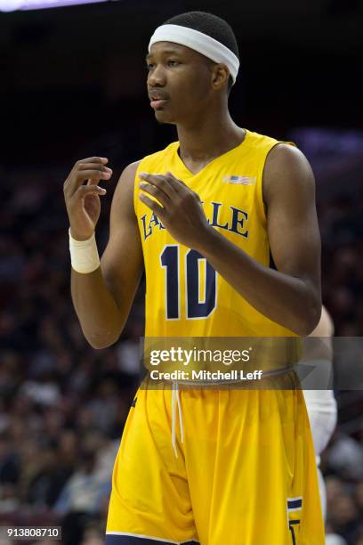 Isiah Deas of the La Salle Explorers reacts against the Villanova Wildcats at the Wells Fargo Center on December 10, 2017 in Philadelphia,...