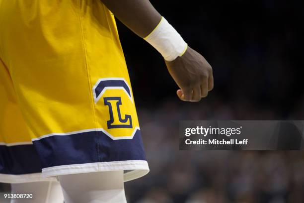 The La Salle Explorers logo on a pair of shorts against the Villanova Wildcats at the Wells Fargo Center on December 10, 2017 in Philadelphia,...