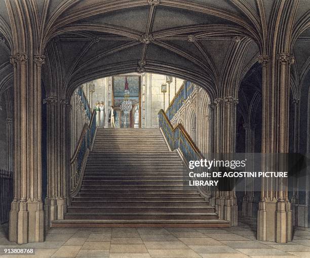 Windsor Castle's grand staircase, engraving by W J Bennet on a Bill C Wild's drawing, taken from History Of Royal Residences of Windsor Castle, St....