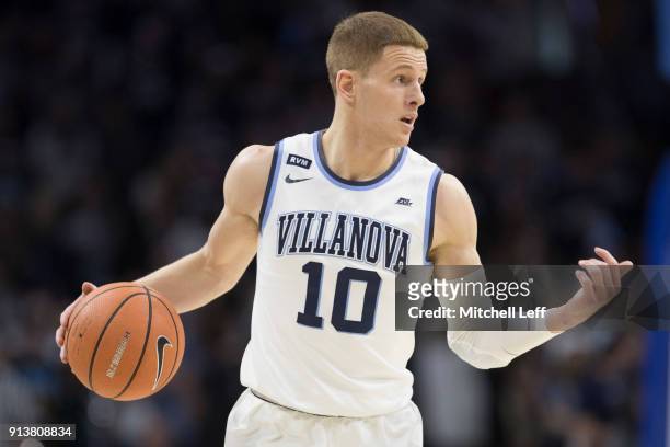 Donte DiVincenzo of the Villanova Wildcats dribbles the ball against the La Salle Explorers at the Wells Fargo Center on December 10, 2017 in...