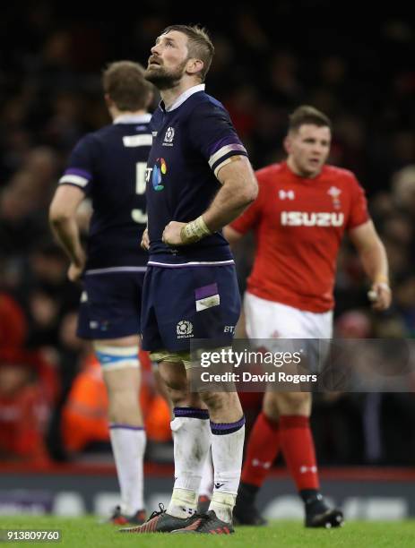 John Barclay the Scotland captain looks dejected after their defeat during the NatWest Six Nations match between Wales and Scotland at the...