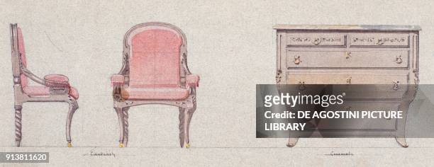 Armchair and commode for the Golden Room by Eugene-Emmanuel Viollet-Le-Duc , watercolor drawing, France, 19th century.