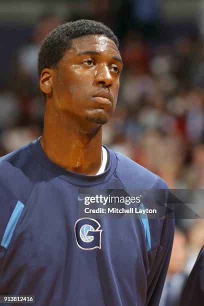 Roy Hibbert of the Georgetown Hoyas looks on before a college basketball game against the St John's Red Storm at the MCI Center on January 25, 2005...