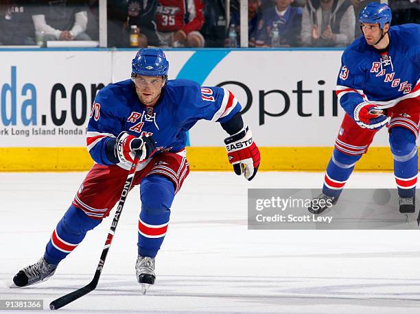 Marian Gaborik of the New York Rangers skates against the Ottawa Senators on October 3, 2009 at Madison Square Garden in New York City.