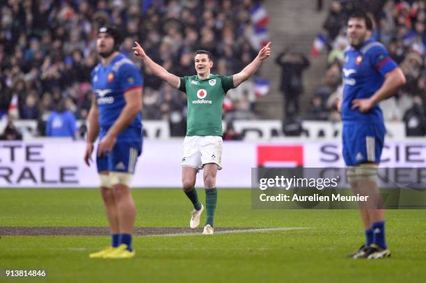 Johnny Sexton of Ireland reacts after kicking the game winning kick at the last second of the NatWest Six Nations match between France and Ireland at...