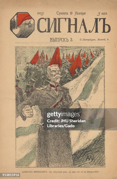 Cartoon from the front cover of the Russian satirical journal 'Signal,' depicting a Russian Imperial Admiral making a fist with one hand and holding...